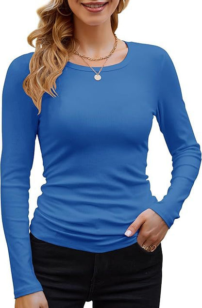 Ribbed Cotton Long Sleeve T-Shirt Women Solid Color Round Neck Slim Fit