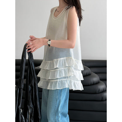 French gentle wind irregular ruffle edge sleeveless top women 26 early spring stack wear vest skirt