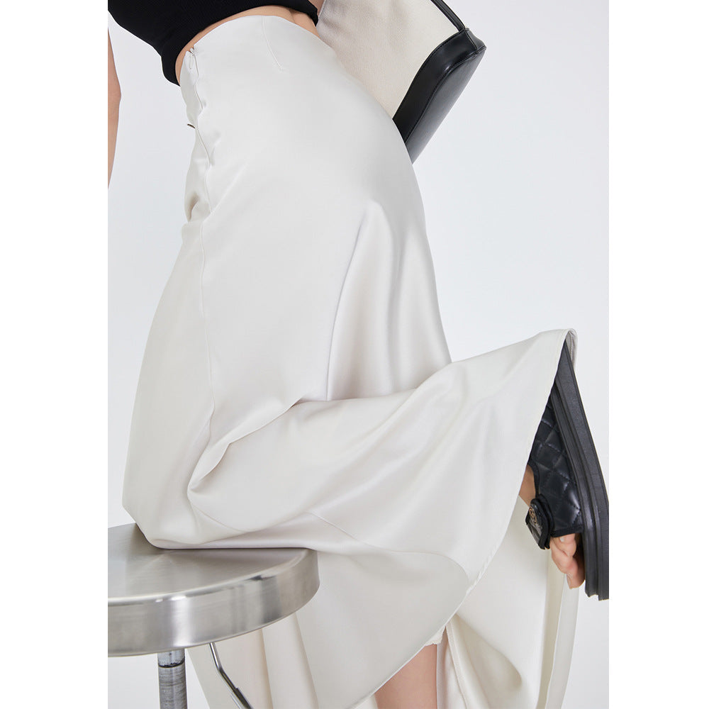 White satin pendant skirt women's 2026 summer new acetic acid medium and long high-waisted A-shaped skirt tide