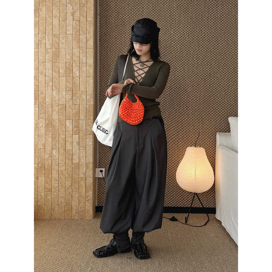 Modern cross-strap V-neck short knitted sweater slim-fitting top