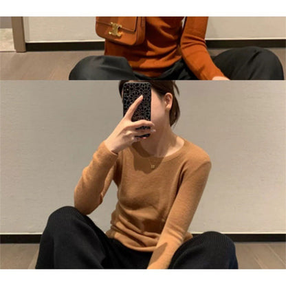 Wool Knitted Sweater Women Round Neck Long Sleeve Slim Fit Top