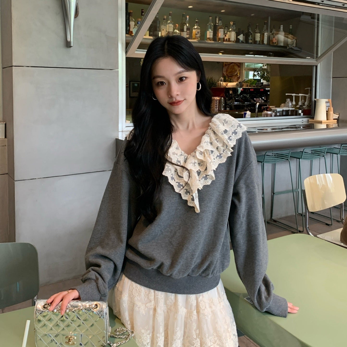 Sweet age-reducing pullover lace ruffle sweater woman