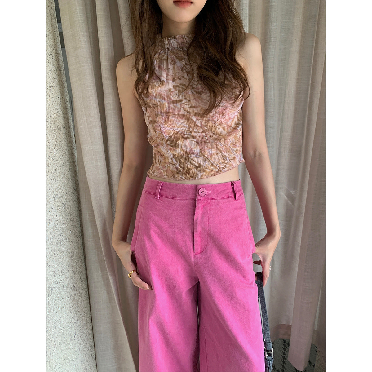 French Floral Halter Neck Slim Chiffon Vest