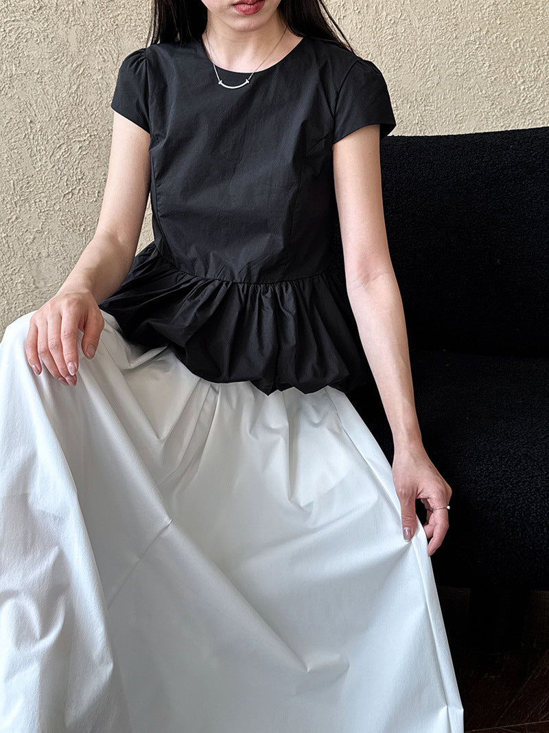 Temperament versatile splicing pleated hem lace T-shirt spring and summer new simple niche top short sleeve