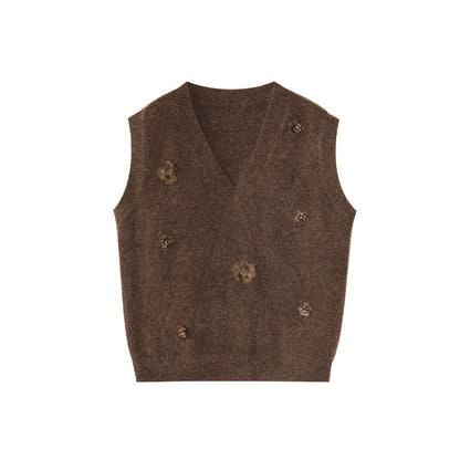 Sweet stacked three-dimensional flower wool v-neck sweater vest