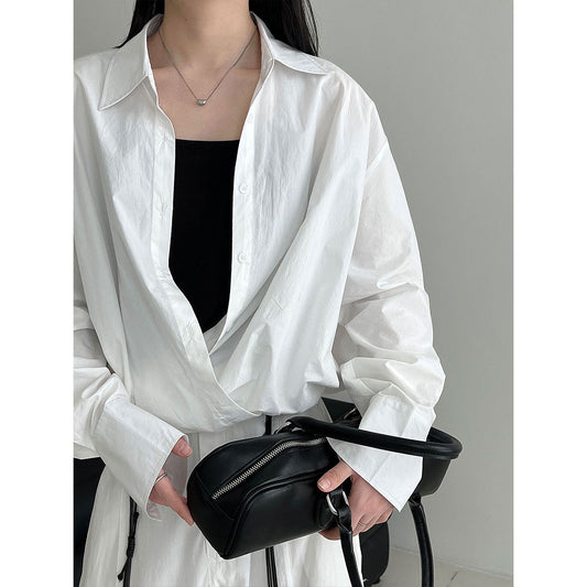 Korean high-texture large V-neck stacked shirt women's autumn lazy design hem waist shirt