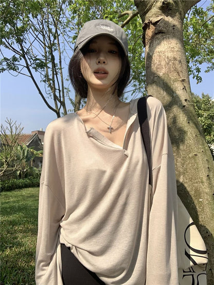 V-Neck Long Sleeve T-Shirt Women Loose Fit Ribbed Sheer Cover-Up
