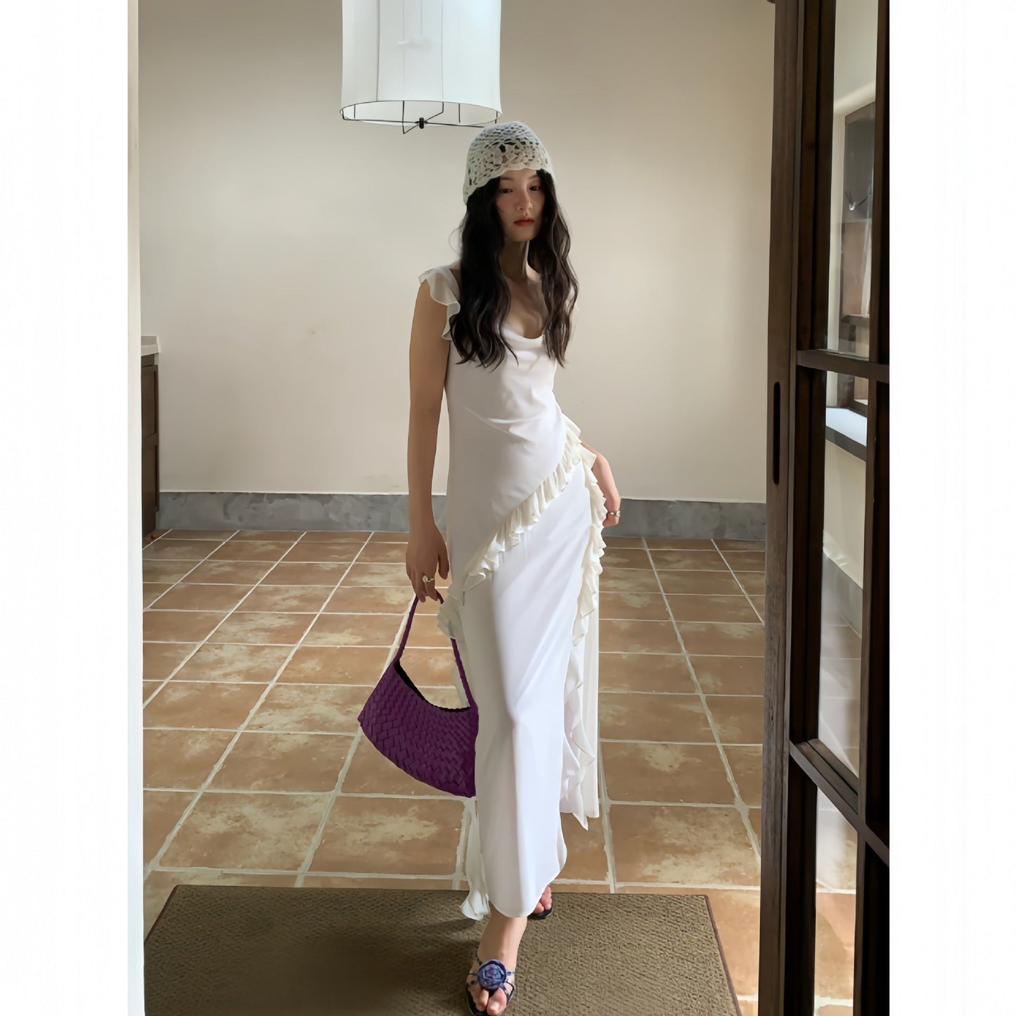 Ruffle Trim U-Neck High Waist Split Maxi Dress