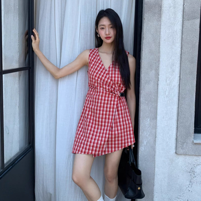 Waist buckle medium and long two wear sleeveless plaid dress