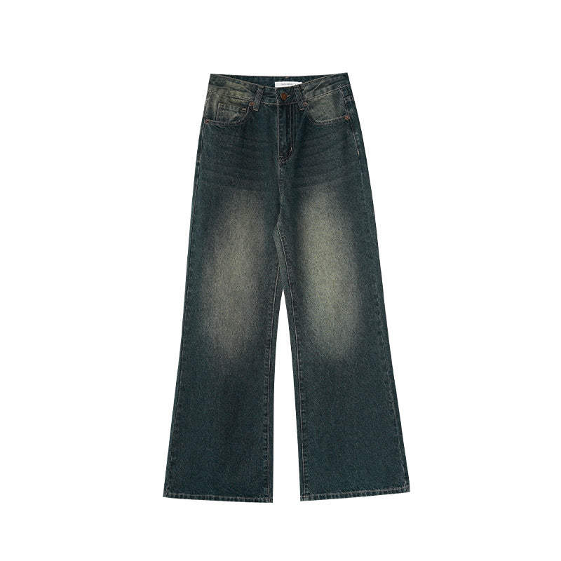 Versatile washed old high-waisted and slightly pulled jeans