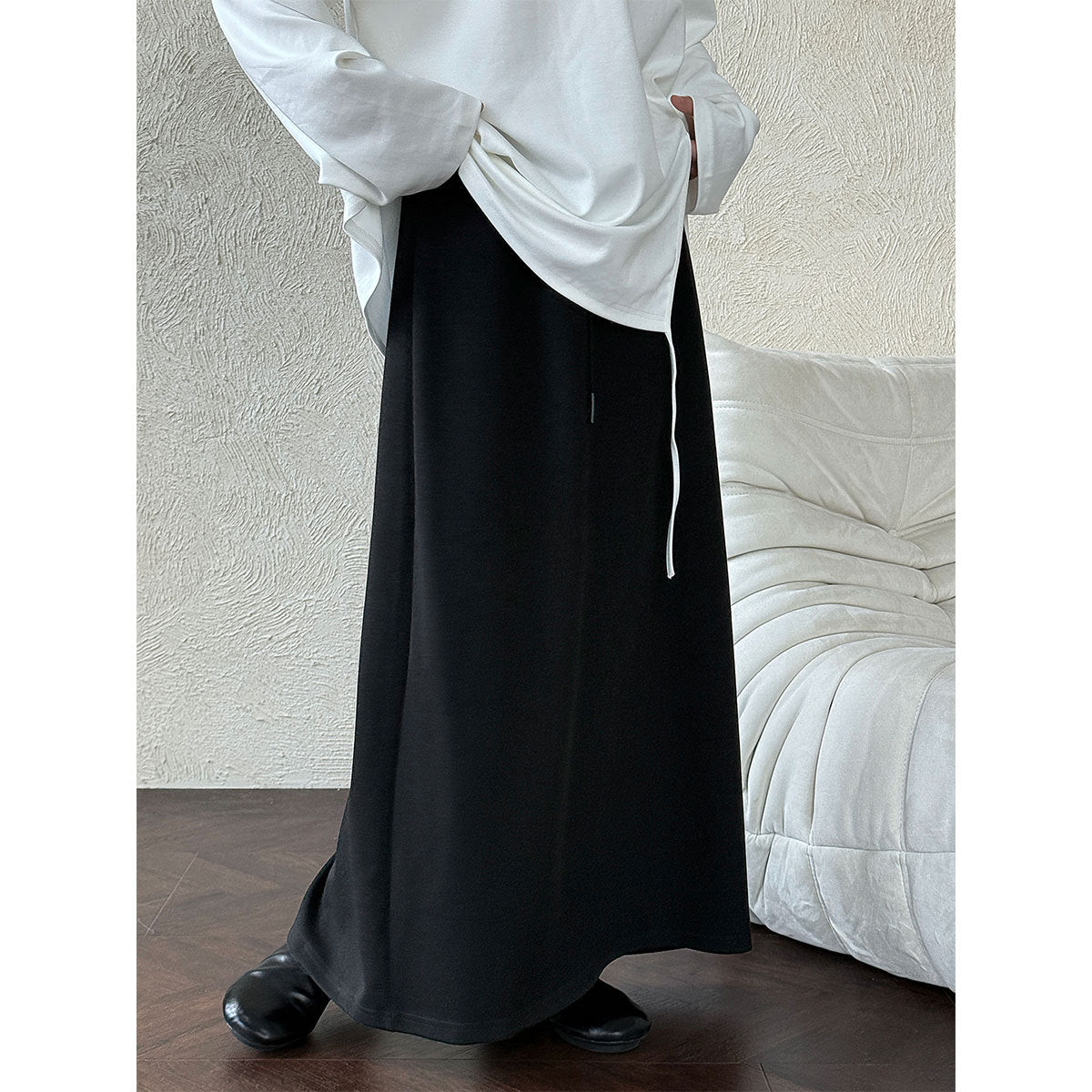 Commutingcasual lazy high waist drawstring skirt autumnew arrivaldrapedstripes slit long skirt
