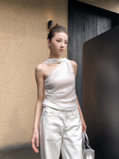 One-Shoulder Sleeveless Top Women Slim Fit Irregular Hem Vest