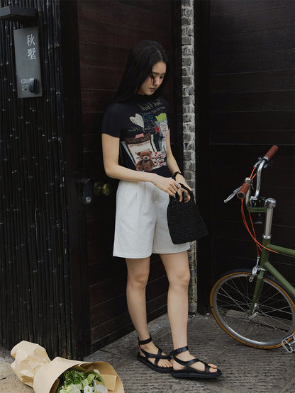 High Elasticity Fun Printing Flesh Cover Skinny Shoulder Short Sleeves
