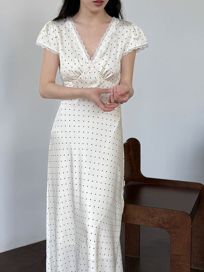French V-neck lace splicing dress women's summer new polka dot temperament waist and thin dress