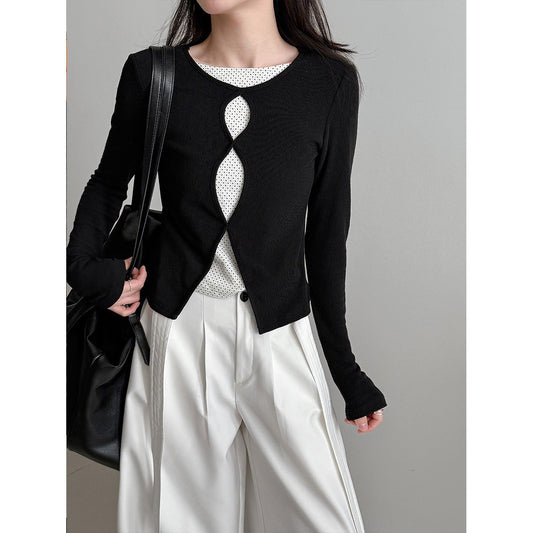 Contrasting fake two-piece splicing hollow polka dot long-sleeved T-shirt women's early spring new slim-fit knitted top