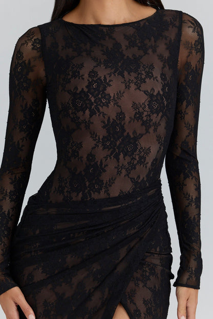 Fashion Lace Temperament Long Sleeve Dress Pleated Slim Sexy Split Dress