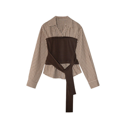 Fake two-piece contrasting splicing strap waist long-sleeved shirt