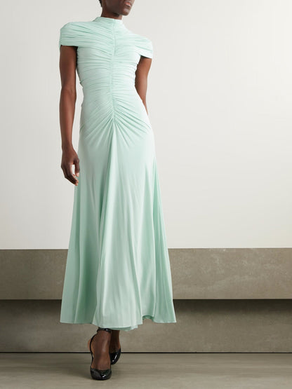 Temperament Crew Neck Pleated Dress Fashion INS Vacation Style Long Dress