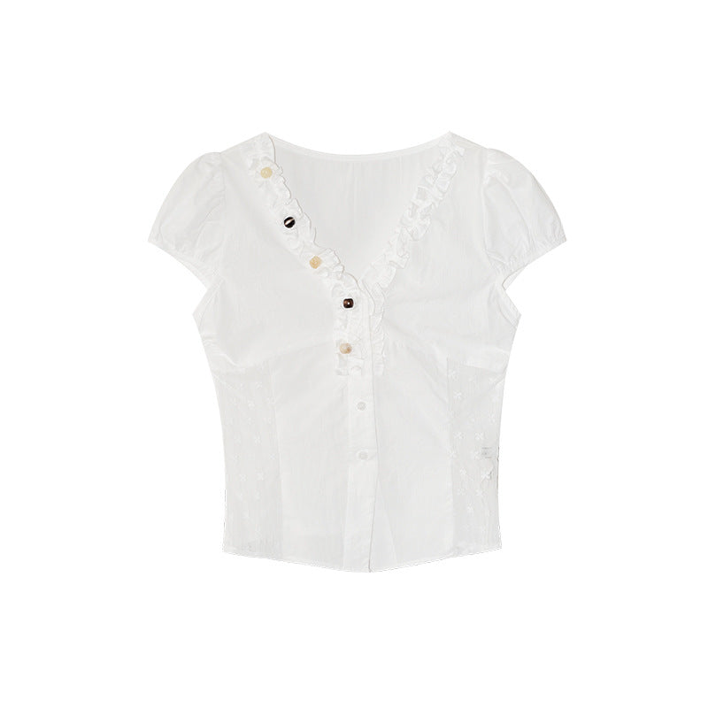 Sweet age-reducing fungus edge design slim-fitting short-sleeved shirt