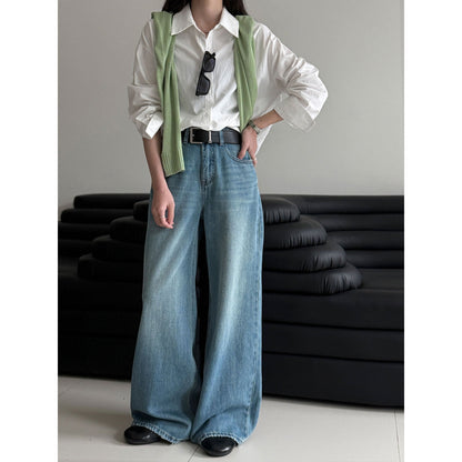 Spring retro light blue wide-leg straight with belt jeans women's design high-waisted trousers