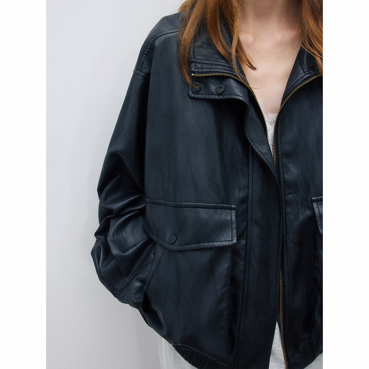 Autumn casual stand-up collar classic retro super soft big pocket versatile leather jacket