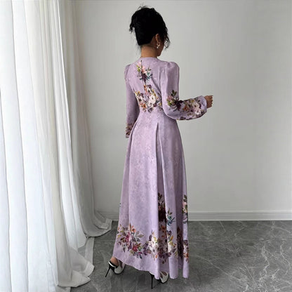 Autumn Ladies Elegant Floral Print V-Neck Button Front Split Lantern Sleeve Waist Vacation Dress