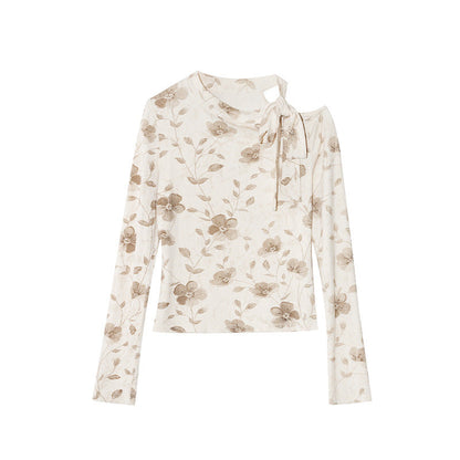 Vintage fashion slanted shoulder lace-up floral long-sleeved base shirt