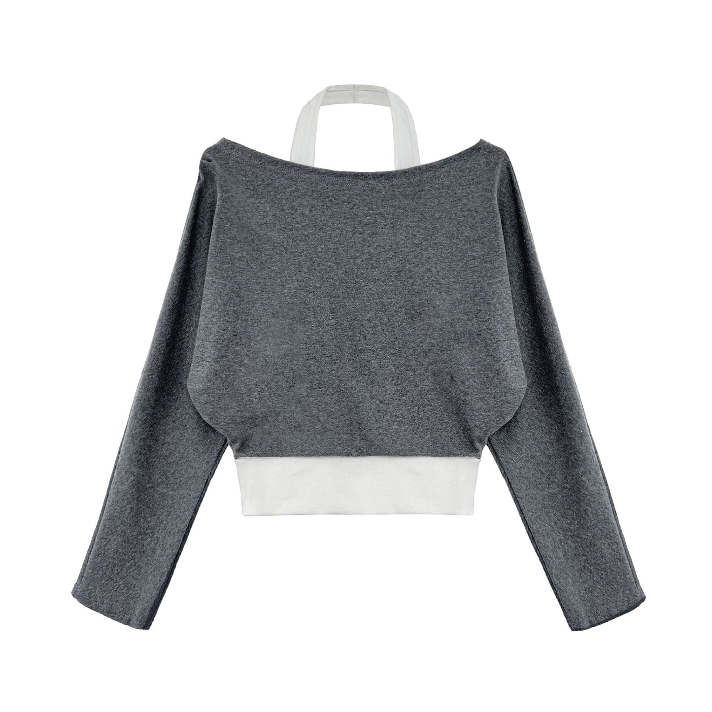 Korean style patchwork mock two-piece halter neck long sleeve t-shirt - women's autumn new design, elegant off-shoulder top