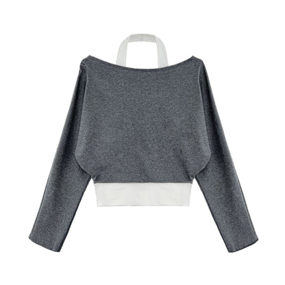 Korean style patchwork mock two-piece halter neck long sleeve t-shirt - women's autumn new design, elegant off-shoulder top