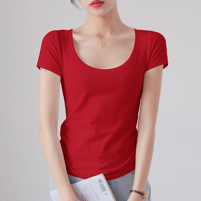 Round Neck Short Sleeve T-Shirt Women Slim Fit Cotton Base Layer Top