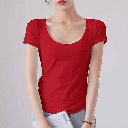 Round Neck Short Sleeve T-Shirt Women Slim Fit Cotton Base Layer Top