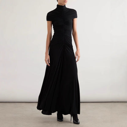 Temperament Crew Neck Pleated Dress Fashion INS Vacation Style Long Dress