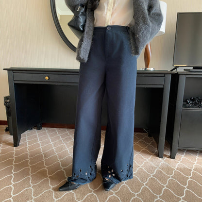Age-reducing versatile hollow lace mid-rise straight casual pants
