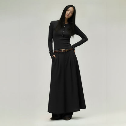 Henley Collar Slim Top Women Round Neck Long Sleeve Fitted T-Shirt