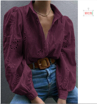 Lapel Long Sleeve Cardigan Women Regular Fit Puff Sleeve Hollow Blouse
