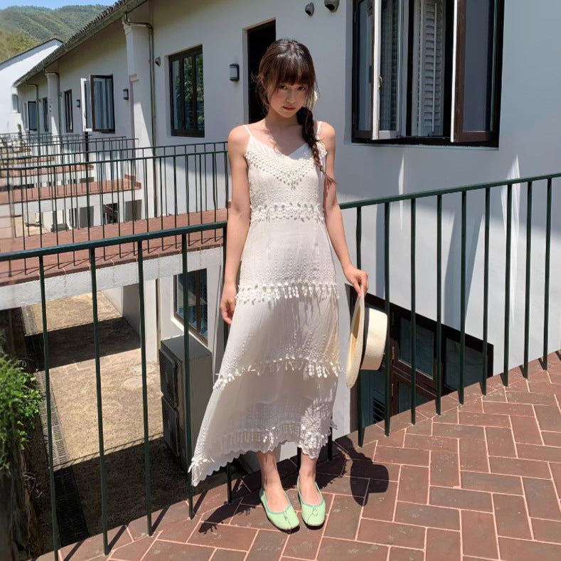 Women's V-Neck Lace Spliced High-Waist Sleeveless Maxi Dress