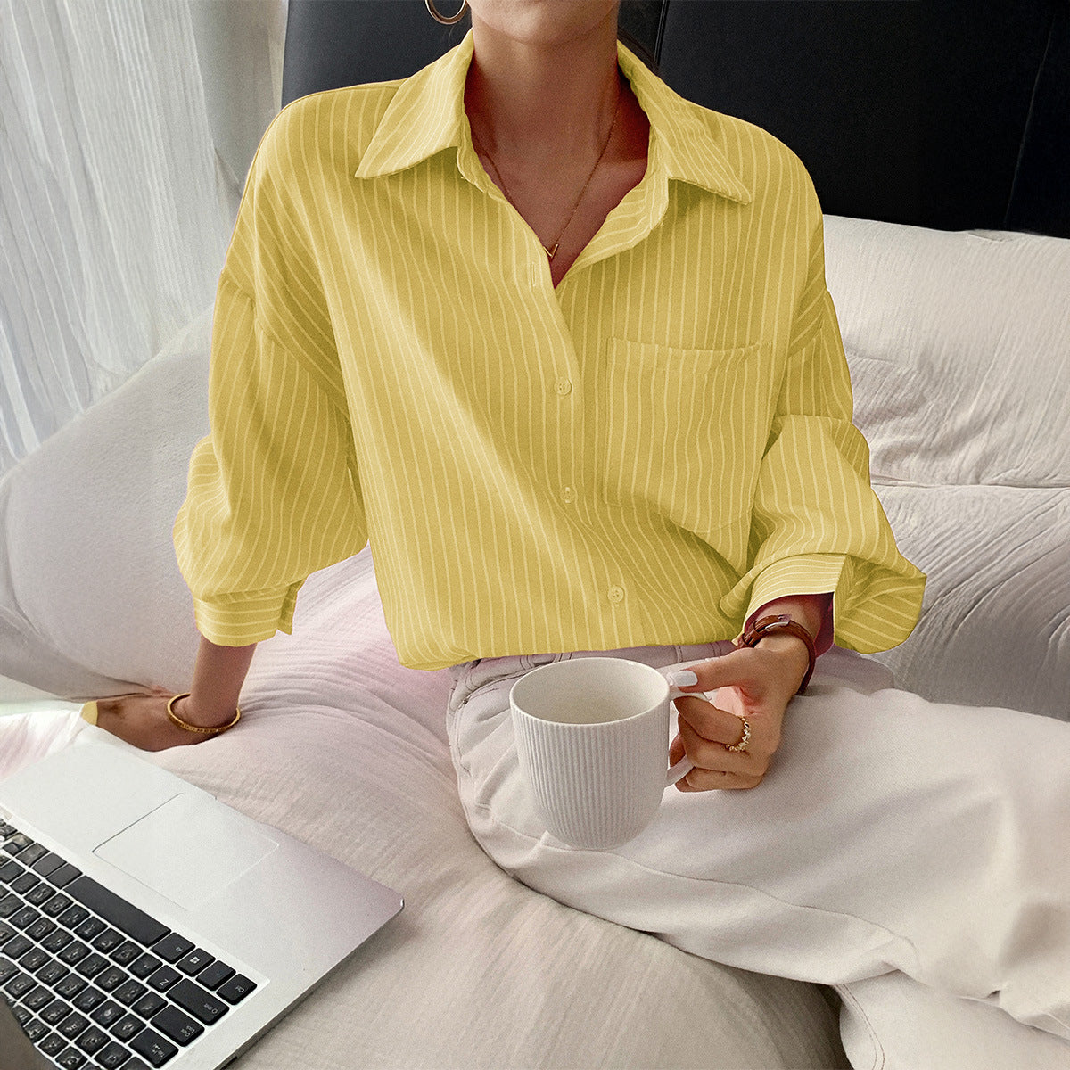 Striped Long Sleeve Blouse Women Loose Fit Round Neck Button-Up Shirt