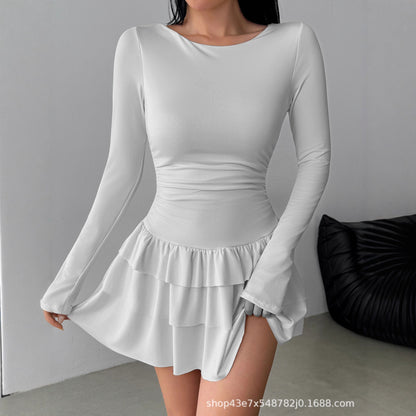 Slim Fit Midi Dress Women One-Shoulder Three-Quarter Sleeve Splicing
