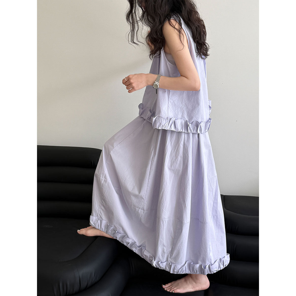 Small fresh design pleated ruffle edge vest + skirt women's summer new temperament set