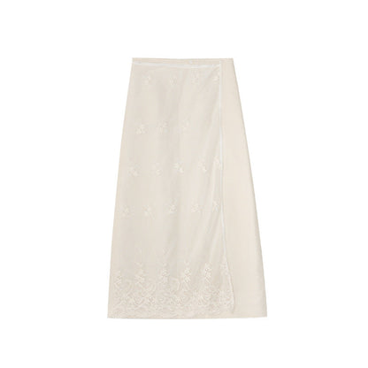 Heavy industry embroidery mesh stitching high waist skirt