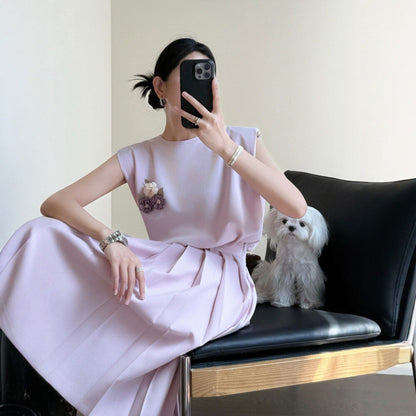Summer gentle pink! Cover sleeve loose vest vest three-dimensional cut pleated skirt set