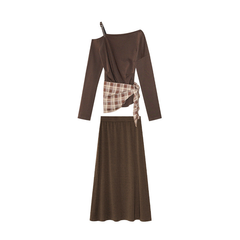 Slant neck off-the-shoulder top skirt set