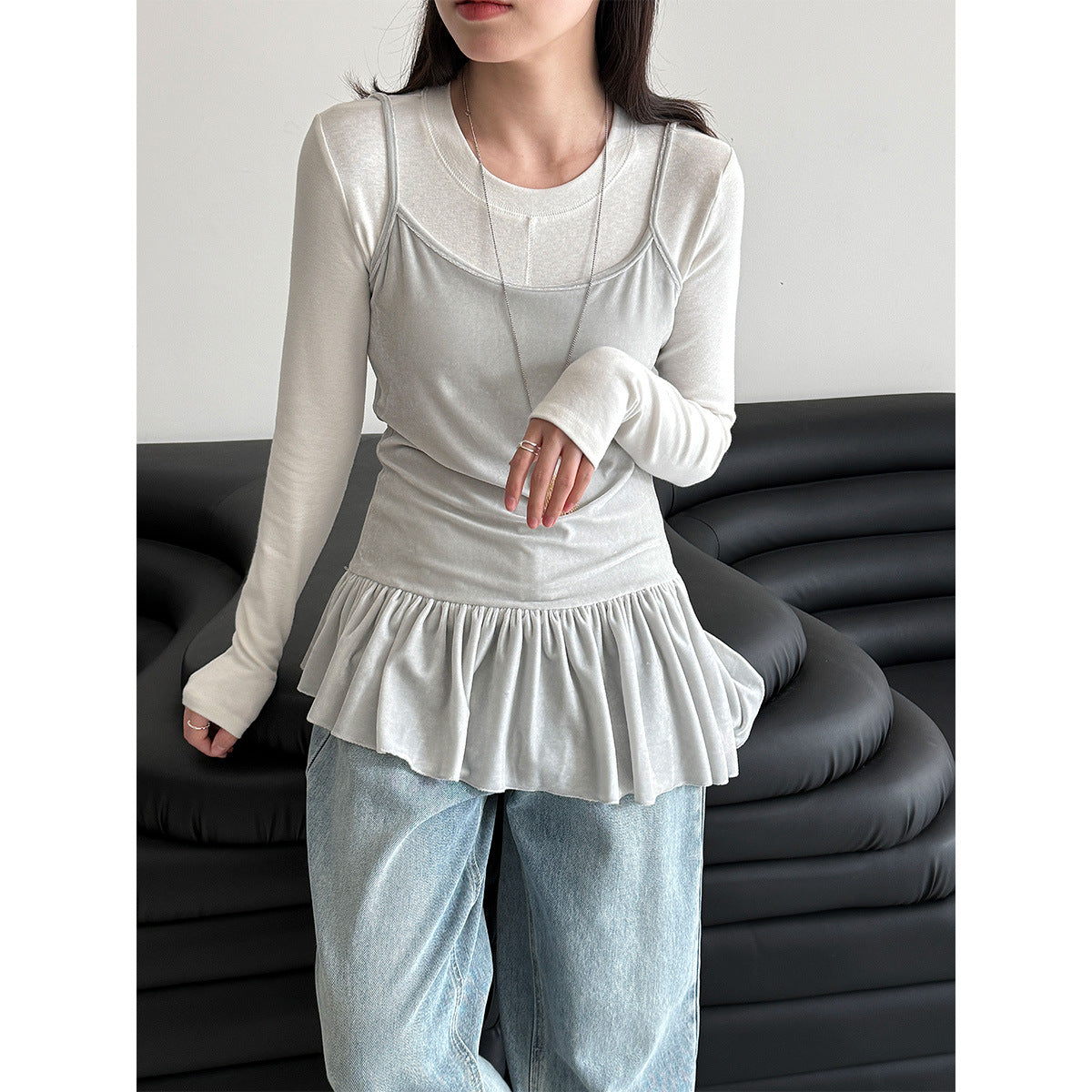 Korean irregular velvet suspender vest skirt women fold in early spring wear versatile slim top
