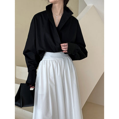 Silhouette stacked stand-up collar deep V-neck white shirt women's lazy bat sleeve temperament large version commuter shirt