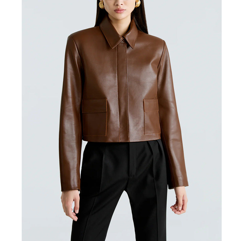 Lapel leather jacket jacket women's autumn and winter long-sleeved short trench coat