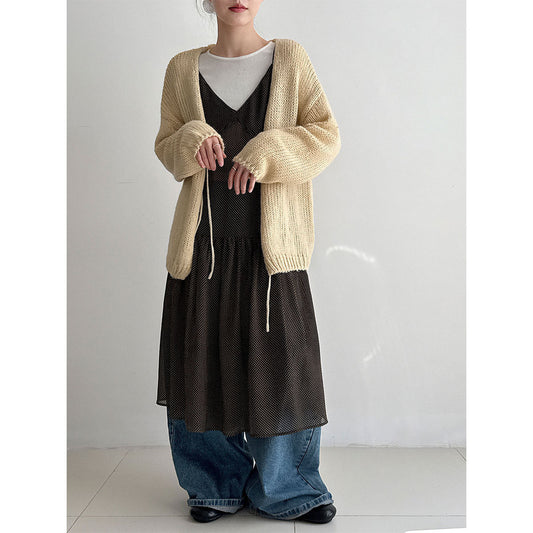 Retro wool lazy soft waxy knitted lace-up cardigan women's early spring new gentle and light sweater