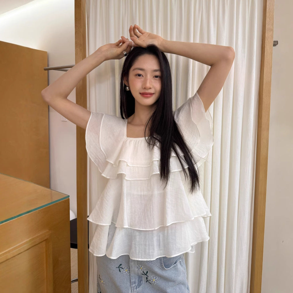 French sweet age-reducing thin loose square neck ruffle edge chiffon shirt
