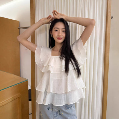 French sweet age-reducing thin loose square neck ruffle edge chiffon shirt