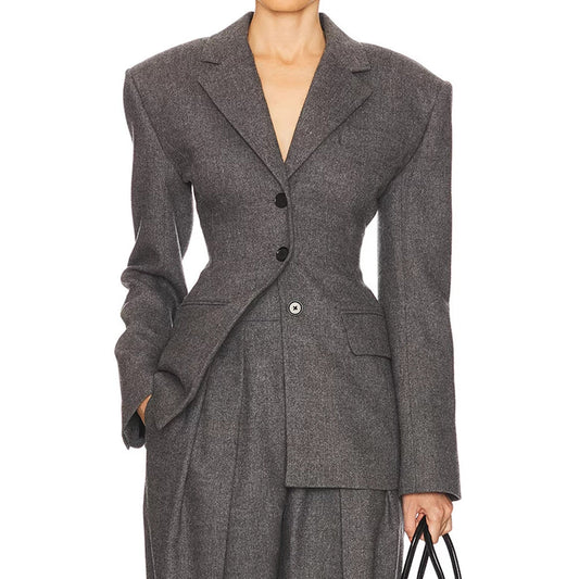 Wool Blazer Women Slim Fit Suit Collar Three-Button Mid-Length Jacket