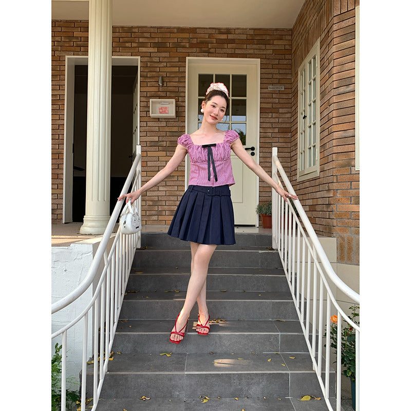 Plaid Backless Bubble Sleeve Top